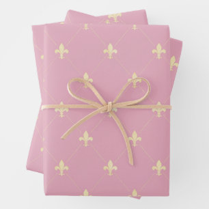 Feuille De Papier Cadeau Fleur-de-Lis d'or sur rose croustillant