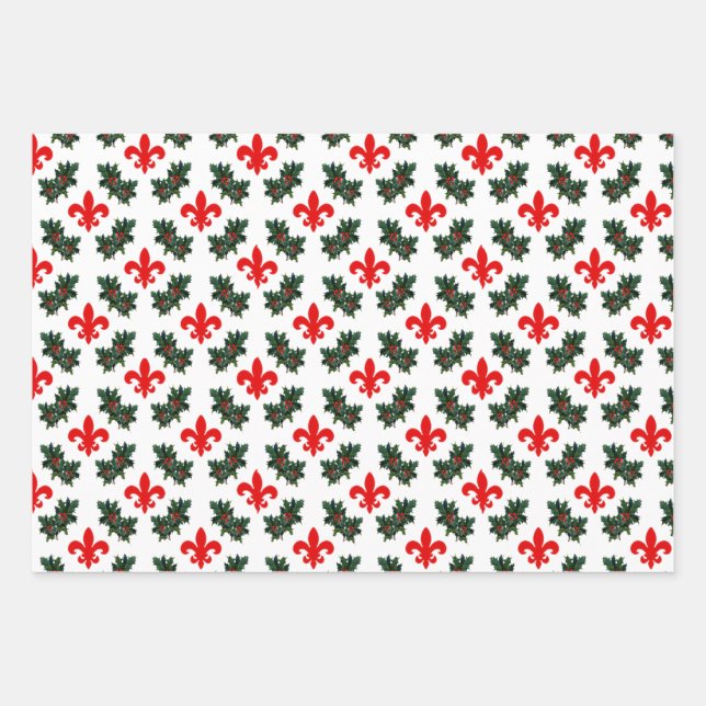 Feuille De Papier Cadeau Fleur de Lis et Holly Christmas (Devant)