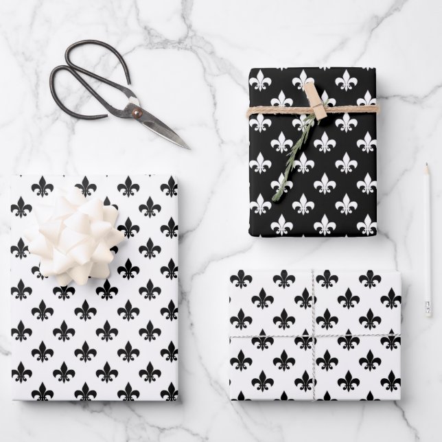 Feuille De Papier Cadeau Fleur De Lis Motif Noir Et Blanc (Recto)
