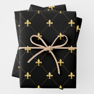 Feuille De Papier Cadeau Fleur-de-Lis or sur noir