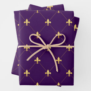 Feuille De Papier Cadeau Fleur-de-Lis Or sur violet foncé