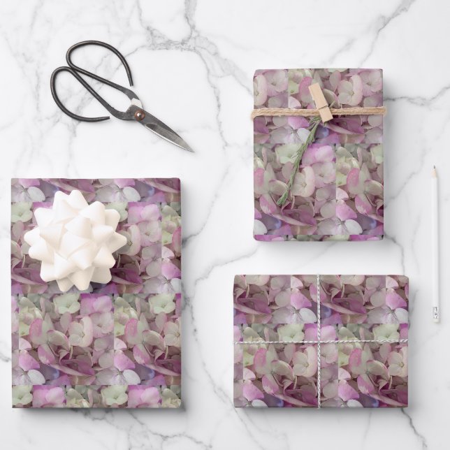 Feuille De Papier Cadeau Fleur d'Hydrangée Blanche, Rose, Violet - Floral (Recto)