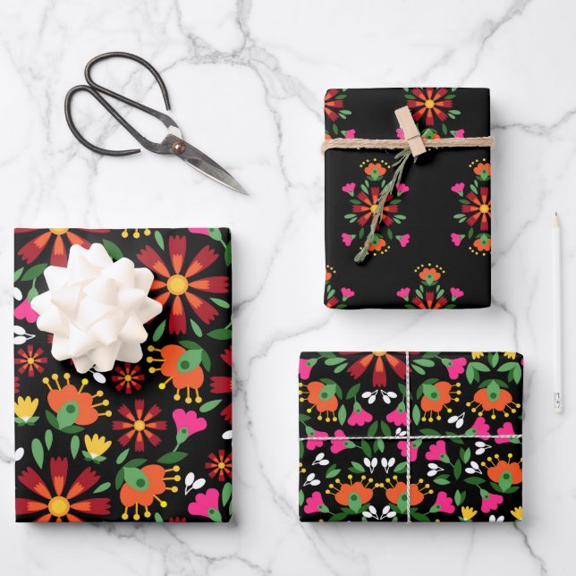 Feuille De Papier Cadeau Fleur ethnique brillante Fiesta Mexicaine Broderie (Recto)