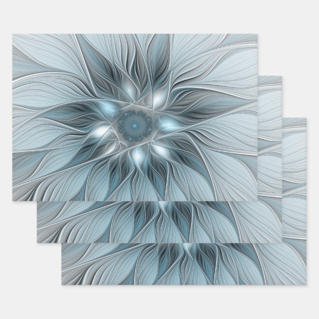 Feuille De Papier Cadeau Fleur Joyeuse Abstrait gris bleu floral Fractal (Lot)