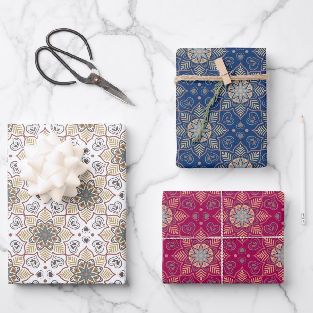 Feuille De Papier Cadeau Fleur Mandala Batik Motif sur Blanc bleu rose (Recto)
