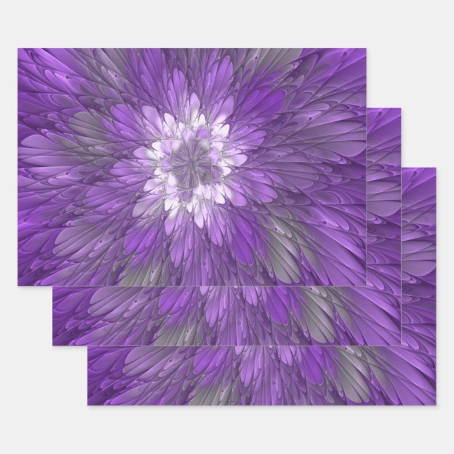 Feuille De Papier Cadeau Fleur psychédélique violette Abstraite Fractal Art (Lot)