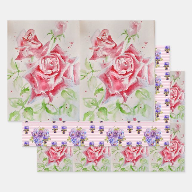 Feuille De Papier Cadeau Fleur rose rouge Aquarelle Shabby Chic Rose (Lot)