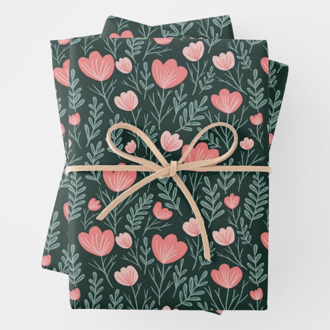 Feuille De Papier Cadeau Fleur sauvage Blooms Simple Rose Vert Doux Chic (En situation)