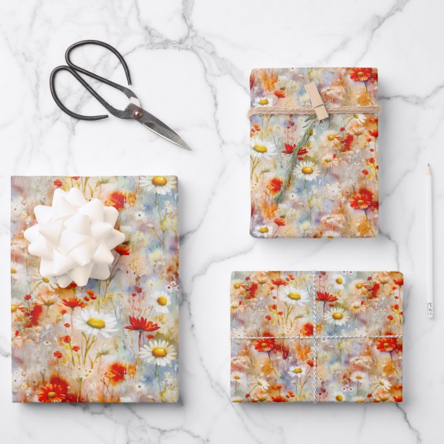 Feuille De Papier Cadeau Fleur sauvage Meadow Red Poppies Daisées (Recto)