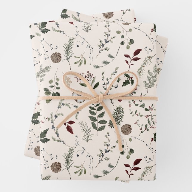 Feuille De Papier Cadeau Fleur sauvage moderne Aquarelle Motif de Noël (En situation)