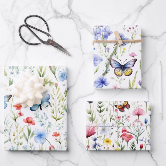 Feuille De Papier Cadeau Fleur sauvage Papillons Baby shower Anniversaire (Recto)