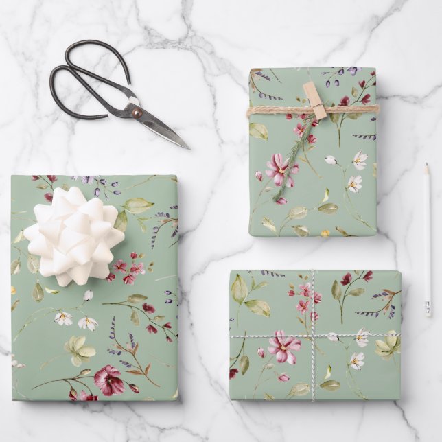 Feuille De Papier Cadeau Fleur sauvage Sage Green Floral (Recto)