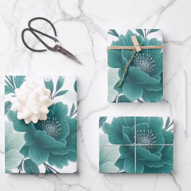 Feuille De Papier Cadeau 💐 Fleur Turquoise (Recto)