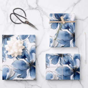 Feuille De Papier Cadeau Fleurs aquarelles bleues et blanches abstraites