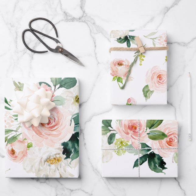 Feuille De Papier Cadeau Fleurs aquarelles rose et blanc au féminin (Recto)