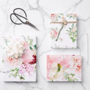 Feuille De Papier Cadeau Fleurs aquarelles rose et blanc avec une touche fr