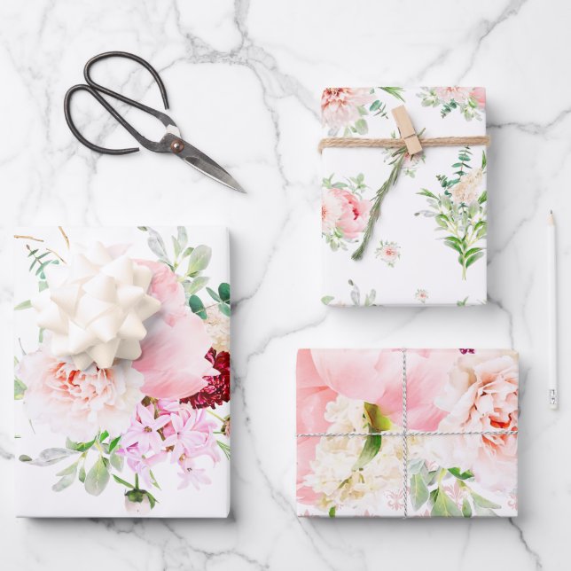 Feuille De Papier Cadeau Fleurs aquarelles rose et blanc teintées de frança (Recto)