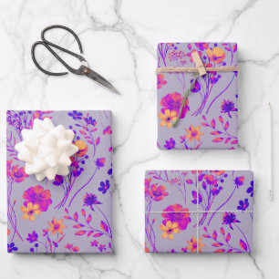 Feuille De Papier Cadeau Fleurs aquarelles roses néon et violettes douces a