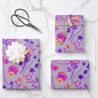 Feuille De Papier Cadeau Fleurs aquarelles roses néon et violettes douces a