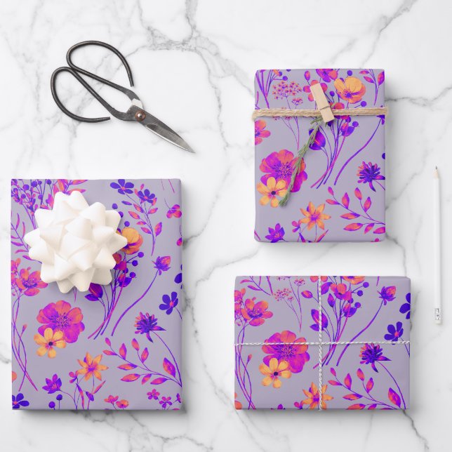 Feuille De Papier Cadeau Fleurs aquarelles roses néon et violettes douces e (Recto)