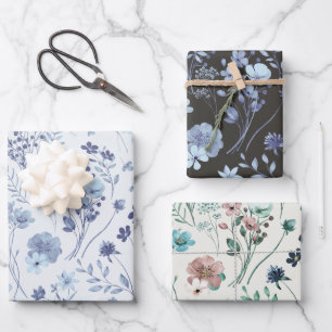 Feuille De Papier Cadeau Fleurs aquarelles rustiques bleues pastel et crème