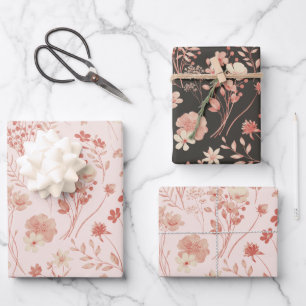 Feuille De Papier Cadeau Fleurs aquarelles rustiques couleur pêche pastel d