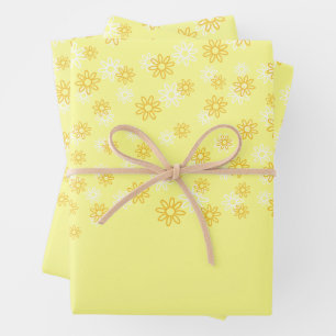 Feuille De Papier Cadeau Fleurs blanches et jaunes sur Pastel Jaune