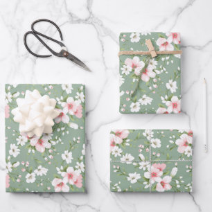Feuille De Papier Cadeau Fleurs blanches roses sur fond vert Cottage Core 