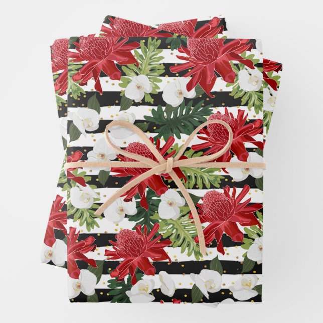 Feuille De Papier Cadeau Fleurs blanches rouges sur pointes blanches noires (En situation)