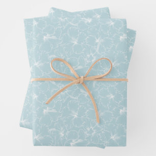 Feuille De Papier Cadeau Fleurs blanches sur fond bleu