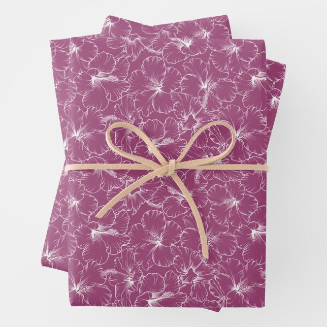 Feuille De Papier Cadeau Fleurs blanches sur framboise (En situation)