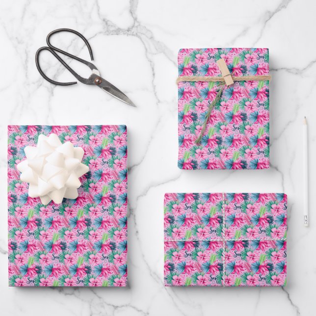 Feuille De Papier Cadeau Fleurs bleu rose Fête des mariées d'anniversaire (Recto)