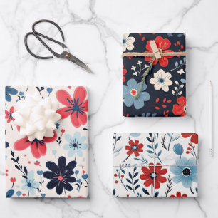 Feuille De Papier Cadeau Fleurs bleues et rouges Vintages