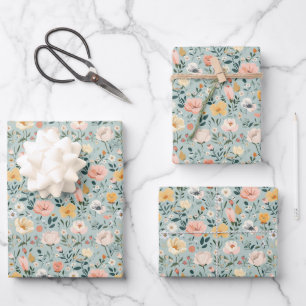 Feuille De Papier Cadeau Fleurs bleues roses blanches pour anniversaire et 