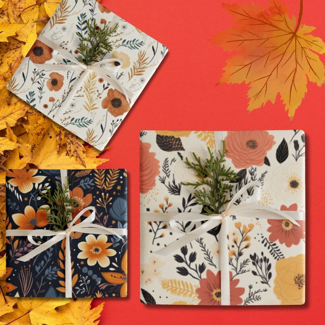 Feuille De Papier Cadeau Fleurs Boho minimalistes Automne (Minimalist Boho Flowers Autumn Wrapping Paper Sheets)