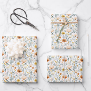 Feuille De Papier Cadeau Fleurs champêtres sur fond blanc