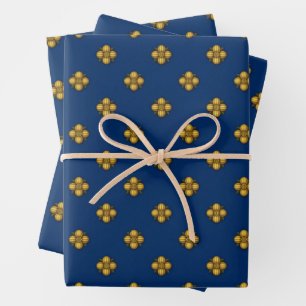 Feuille De Papier Cadeau Fleurs crucifères d'or sur bleu