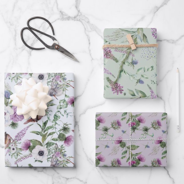 Feuille De Papier Cadeau Fleurs d'aquarelle et oiseaux enveloppant des feui (Recto)
