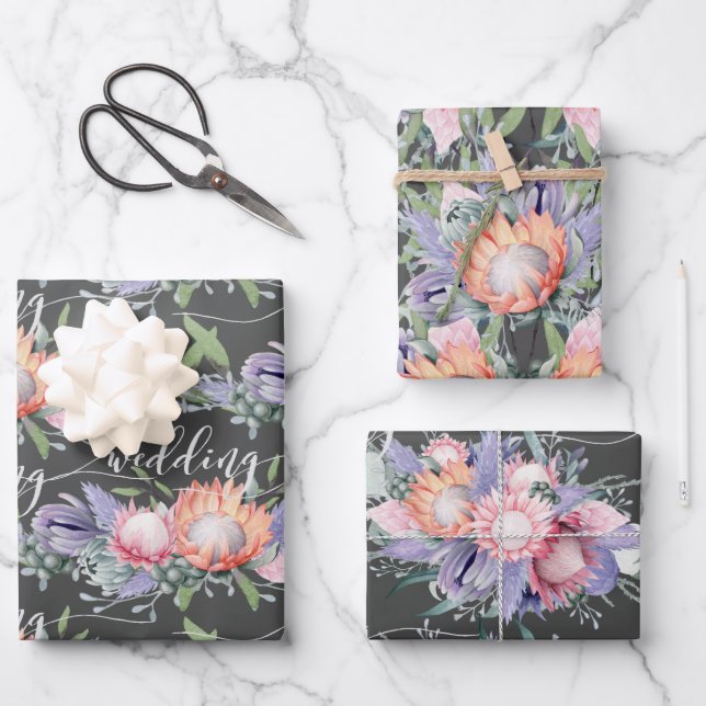 Feuille De Papier Cadeau Fleurs d'aquarelle Exotique Tropical King Protea (Recto)