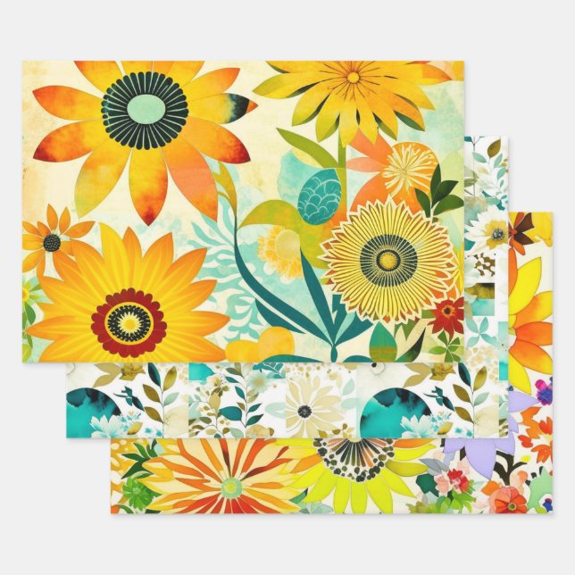 Feuille De Papier Cadeau Fleurs d'art populaire à l'aquarelle pour annivers (Lot)