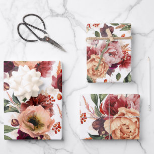 Feuille De Papier Cadeau Fleurs d'automne Bordeaux Rouge Orange Botanique F