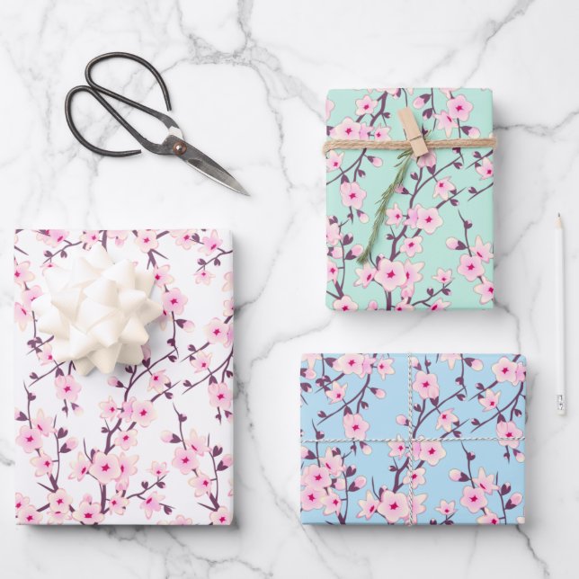 Feuille De Papier Cadeau Fleurs de cerisier florales tons pastel (Recto)