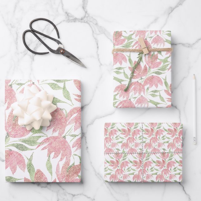 Feuille De Papier Cadeau Fleurs de champ Texturé en dentelle Rose Blanc (Recto)