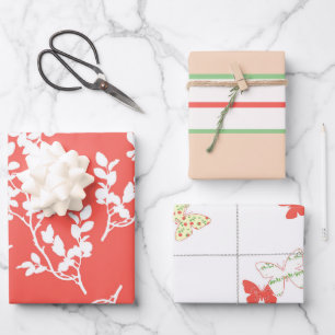 Feuille De Papier Cadeau Fleurs de corail et de blanc, rayures et papillons