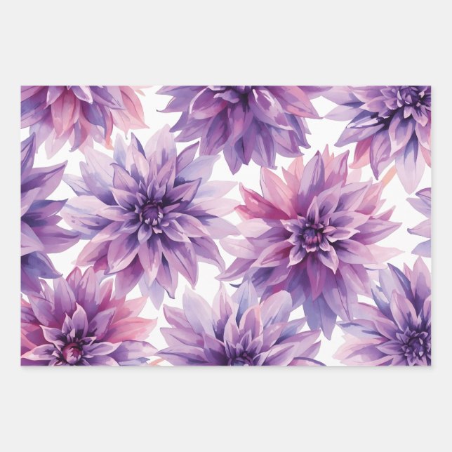Feuille De Papier Cadeau Fleurs de dahlia violet aquarelle  (Devant)