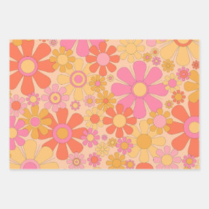 Feuille De Papier Cadeau Fleurs de Jardin Rétro 60s les années 70 motif Flo