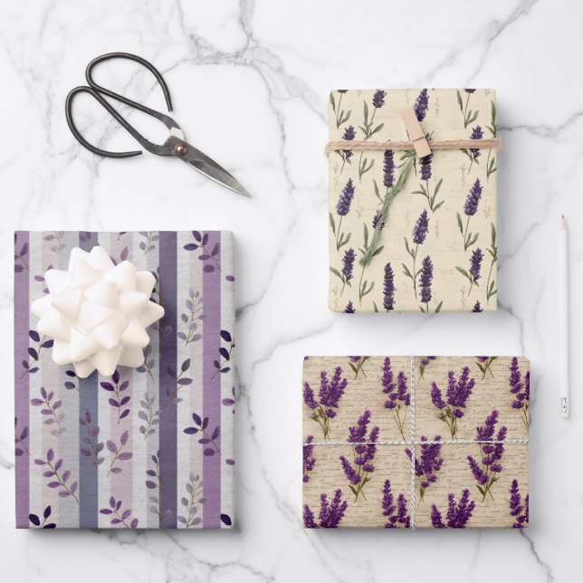 Feuille De Papier Cadeau Fleurs de lavande violettes rayures botaniques Ann (Recto)