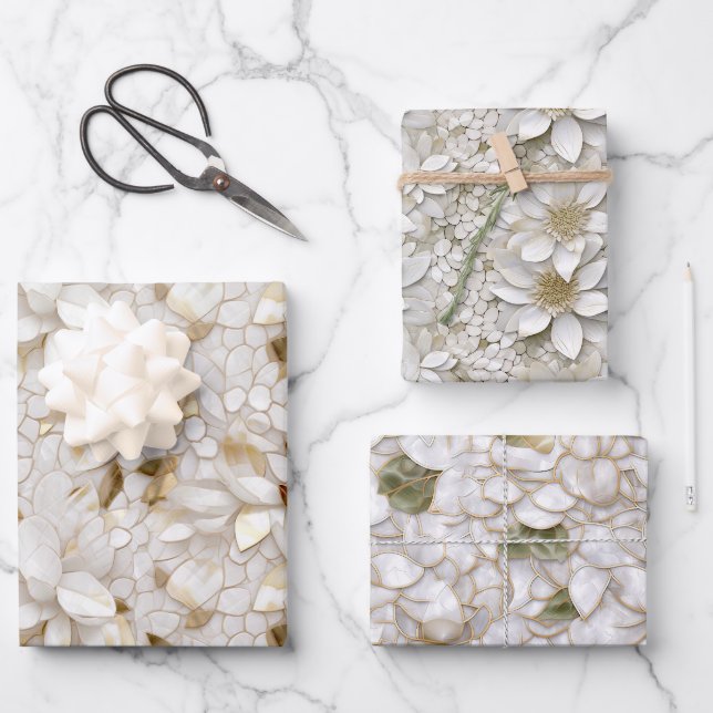 Feuille De Papier Cadeau Fleurs de Lotus Or Blanc (Recto)