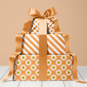 Feuille De Papier Cadeau Fleurs de marguerite orange rayures pois