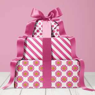 Feuille De Papier Cadeau Fleurs de marguerite rose rayures pois